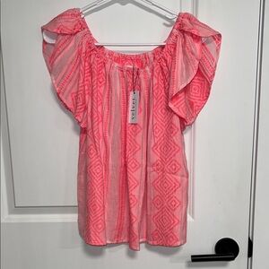 Velvet by Graham & Spencer Bright Coral Pink Embroidered Flutter-Sleeve Blouse